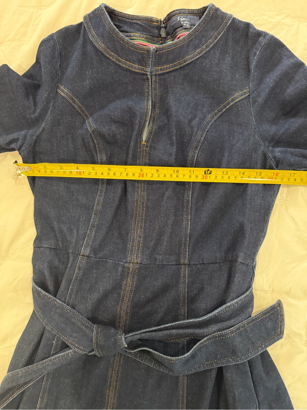 Boden Eliza Belted Denim Dress Sz 8 Indigo Blue Fit Flare Preppy Minimalist - Picture 4 of 6